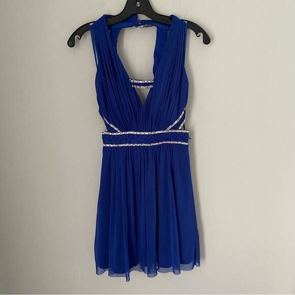 Nights by Teeze Me Junior’s Blue Sparkly Deep V Open Back Neck Mini Dress size 3 - Picture 1 of 4